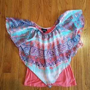 Beautiful Girl's Poncho Top Blouse Coral Orange Blue Amy's Closet sz L 14